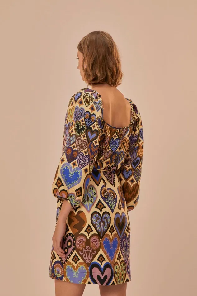 Women Cream Hearts Ikat Long Sleeve Mini Dress Hearts Ikat Cream FARM Rio Mini Dresses