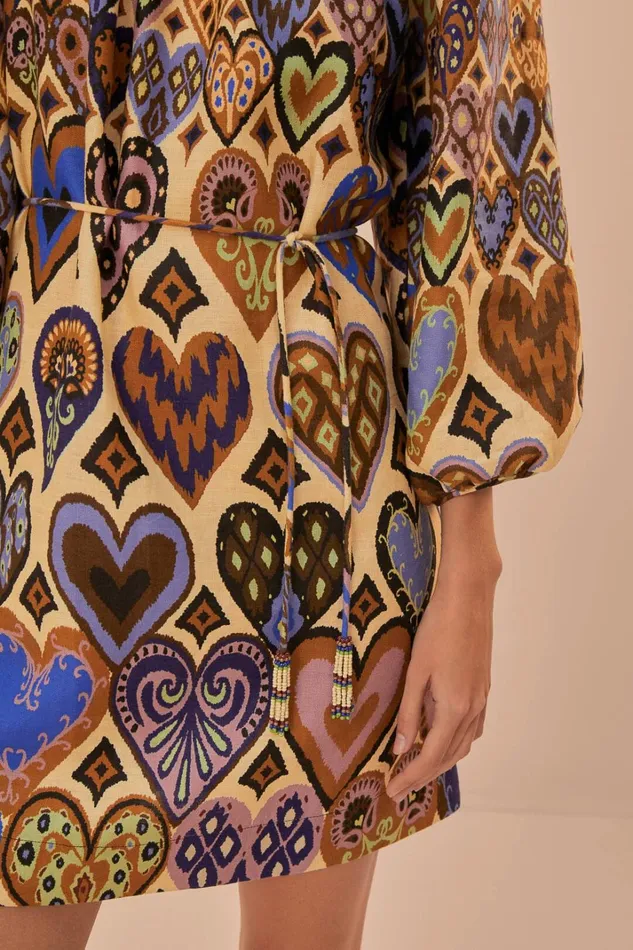 Women Cream Hearts Ikat Long Sleeve Mini Dress Hearts Ikat Cream FARM Rio Mini Dresses