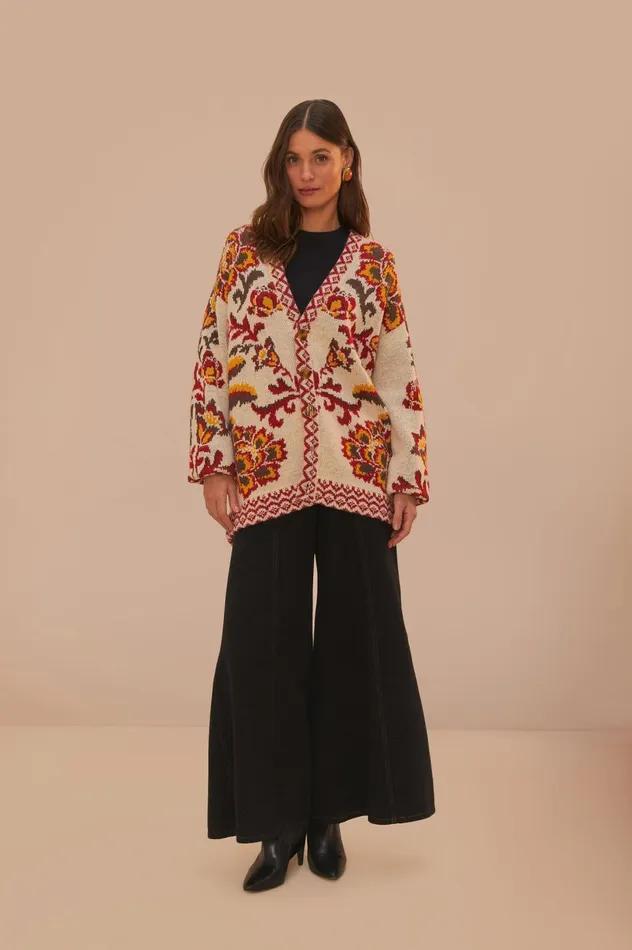 Women Cream Toucans Scarf Knit Cardigan Toucans Scarf Cream FARM Rio Cardigans