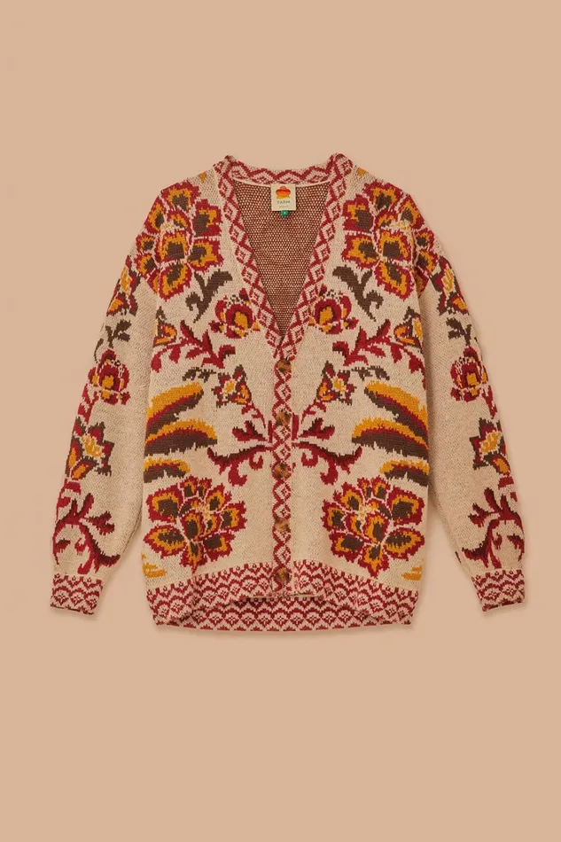 Women Cream Toucans Scarf Knit Cardigan Toucans Scarf Cream FARM Rio Cardigans