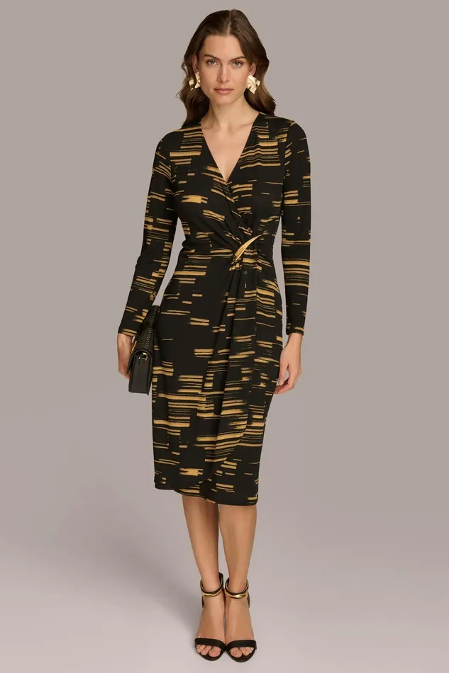 Women Dresses And Jumpsuits Donna Karan VNECK FAUX WRAP DRESS Gold Multi