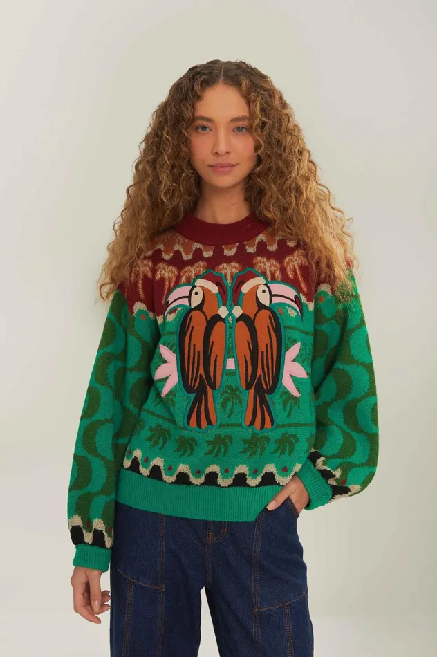 Women Green Christmas Toucans Knit Sweater Green FARM Rio Sweaters and Sweatshirts
