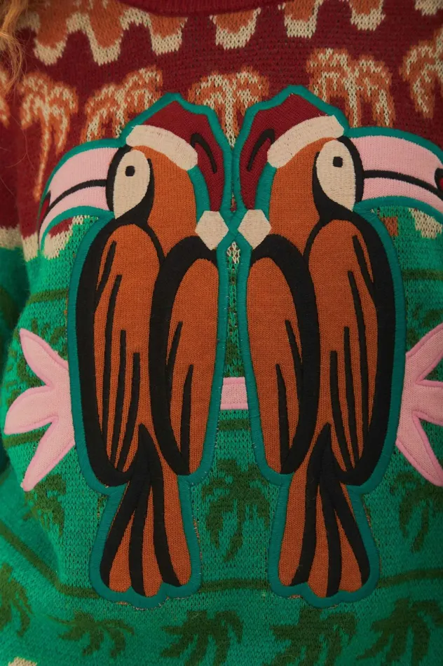 Women Green Christmas Toucans Knit Sweater Green FARM Rio Sweaters and Sweatshirts