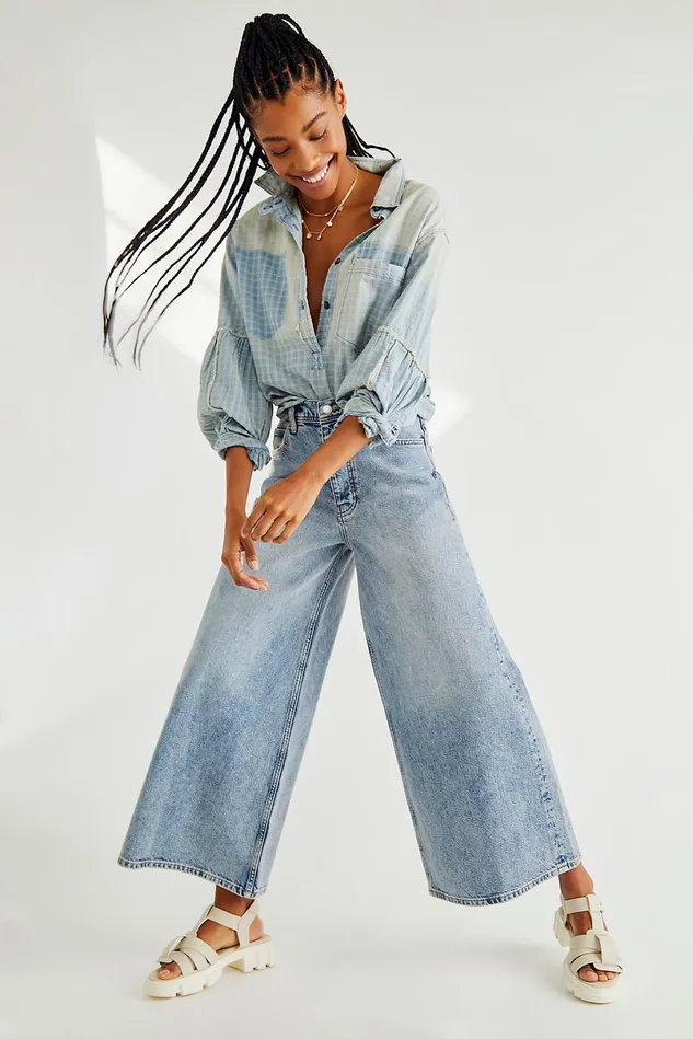 Women HighRise Jeans Free People Landry Wide Leg Jeans Mabel Blue