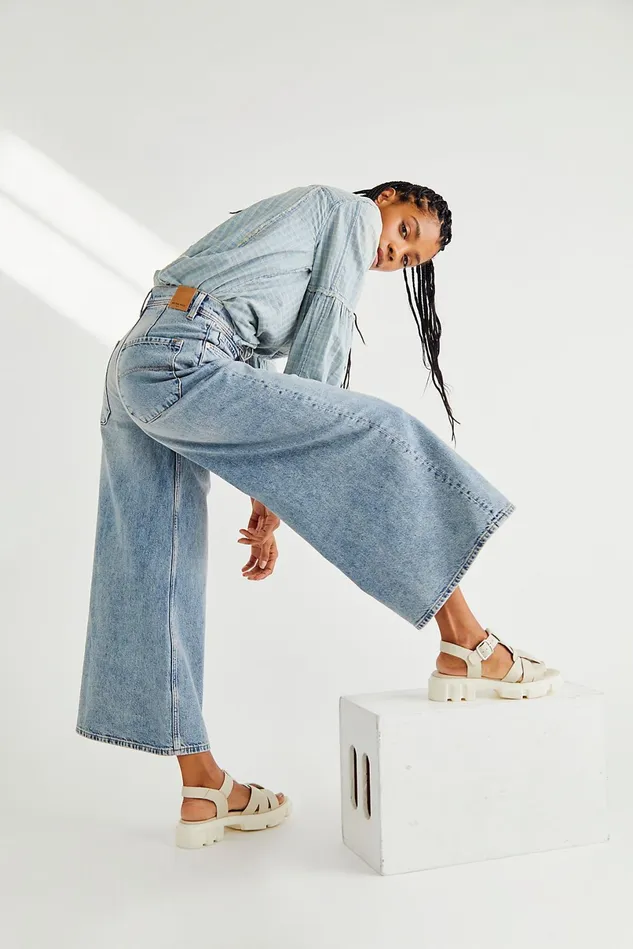 Women HighRise Jeans Free People Landry Wide Leg Jeans Mabel Blue