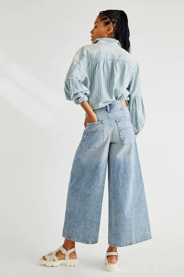 Women HighRise Jeans Free People Landry Wide Leg Jeans Mabel Blue