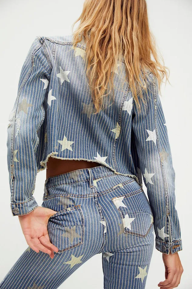 Women Jean Jackets Free People Driftwood Stars and Stripes Trucker Jacket Stars and Pinstripes Combo