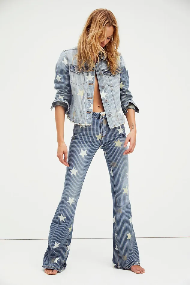 Women Jean Jackets Free People Driftwood Stars and Stripes Trucker Jacket Stars and Pinstripes Combo
