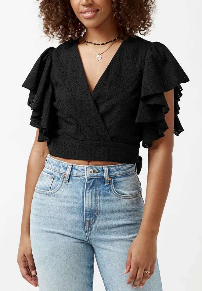 Women Kate Black FrillSleeve Womens Blouse Black Buffalo David Bitton Blouses
