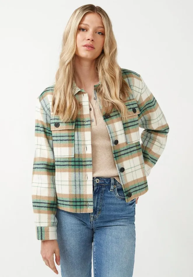 Women Lissandra Cream Green Plaid Women039s Cropped Shacket Crmgrn Plaid Buffalo David Bitton Jackets