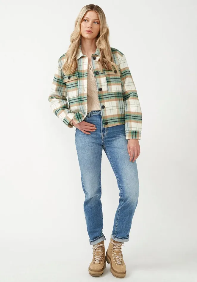 Women Lissandra Cream Green Plaid Women039s Cropped Shacket Crmgrn Plaid Buffalo David Bitton Jackets