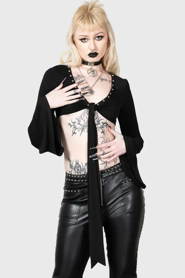 Women Long Sleeves Killstar Elegy Front Tie Top