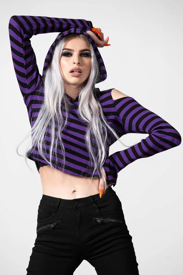 Women Long Sleeves Killstar Zephyr Hooded Top PURPLE