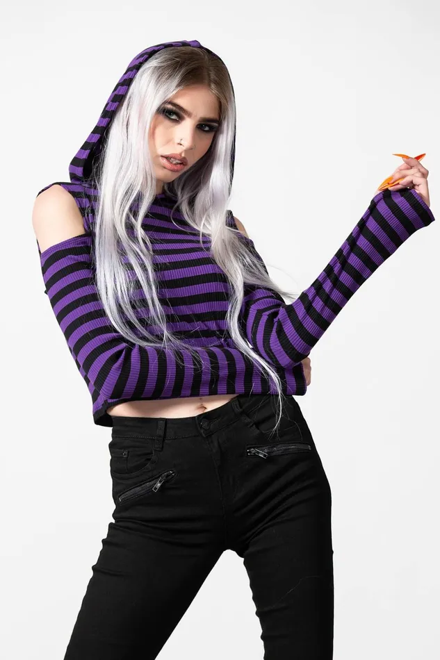 Women Long Sleeves Killstar Zephyr Hooded Top PURPLE