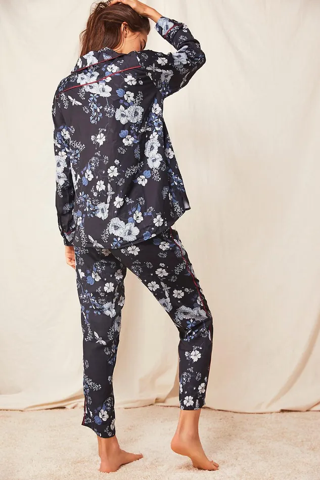 Women Loungewear Free People Faux Silk LongSleeve PJ Set Black White Floral