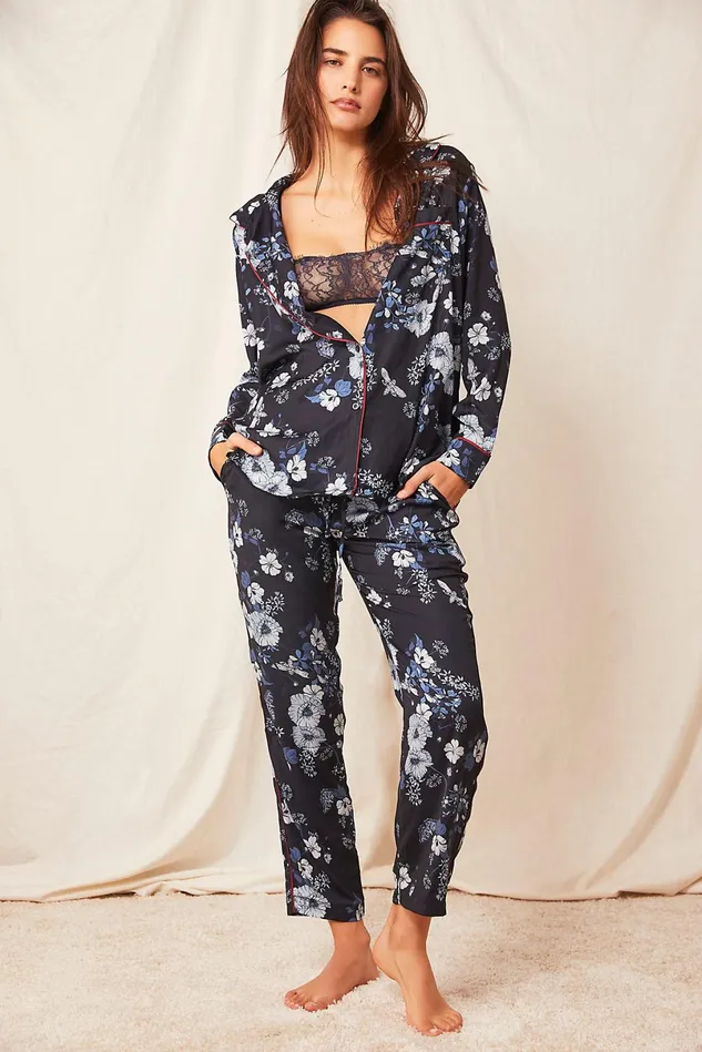 Women Loungewear Free People Faux Silk LongSleeve PJ Set Black White Floral