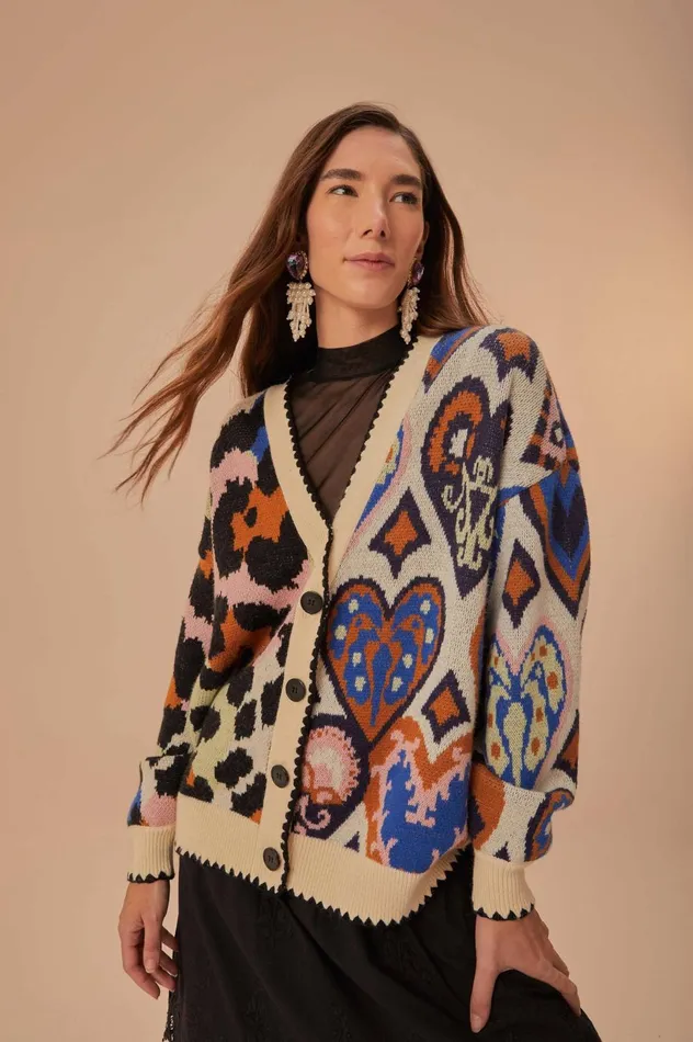 Women Mixed Ikat Hearts Knit Cardigan Hearts Ikat Cream FARM Rio Cardigans