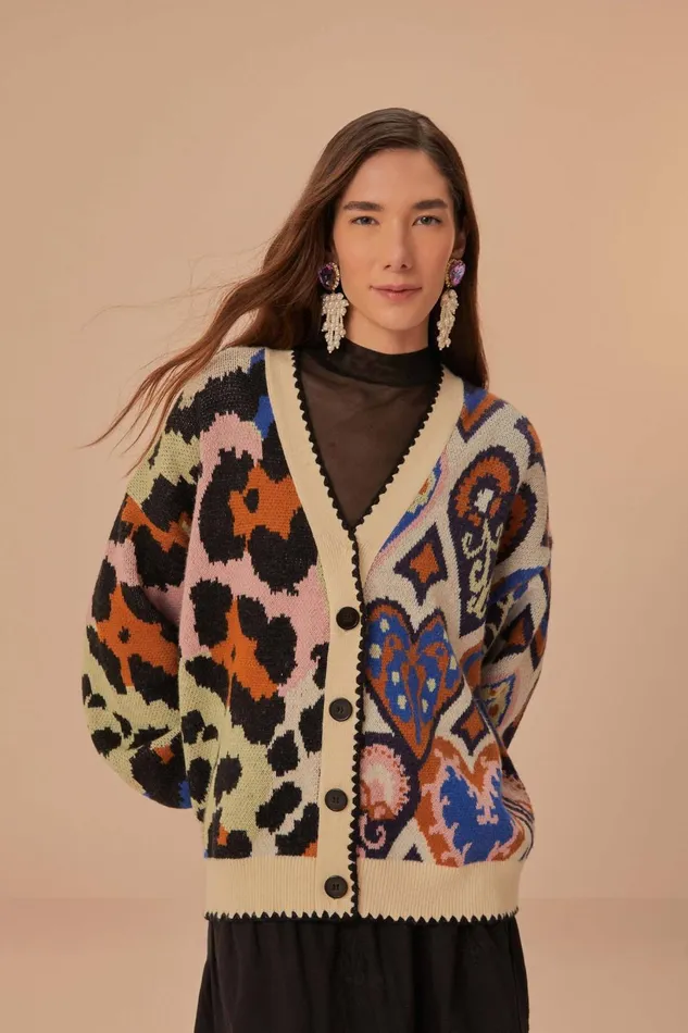 Women Mixed Ikat Hearts Knit Cardigan Hearts Ikat Cream FARM Rio Cardigans