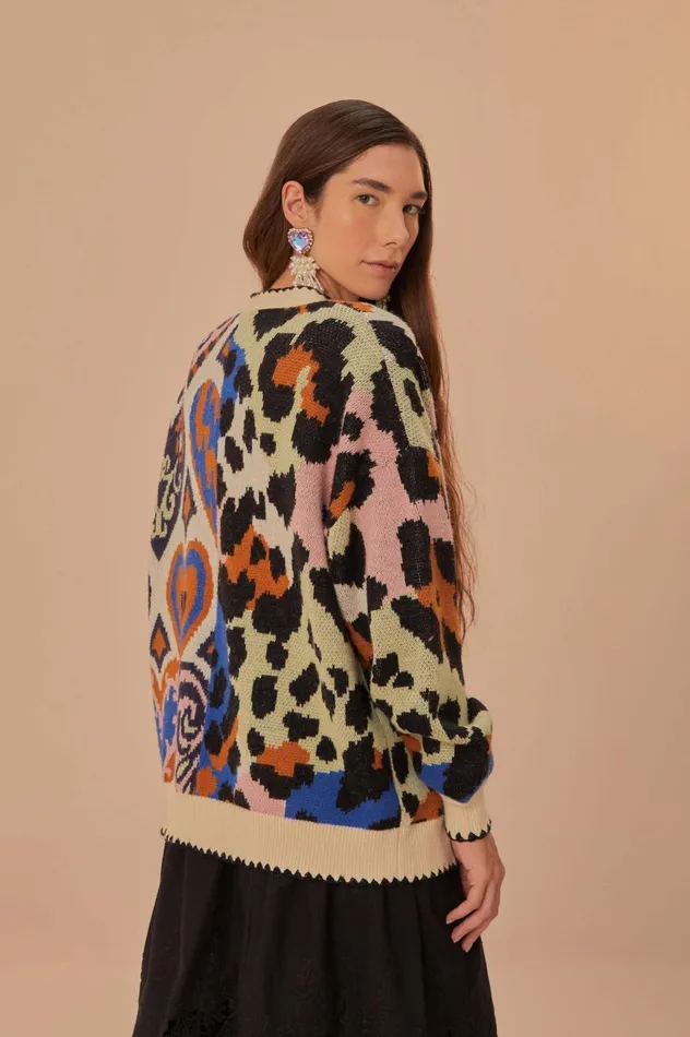 Women Mixed Ikat Hearts Knit Cardigan Hearts Ikat Cream FARM Rio Cardigans