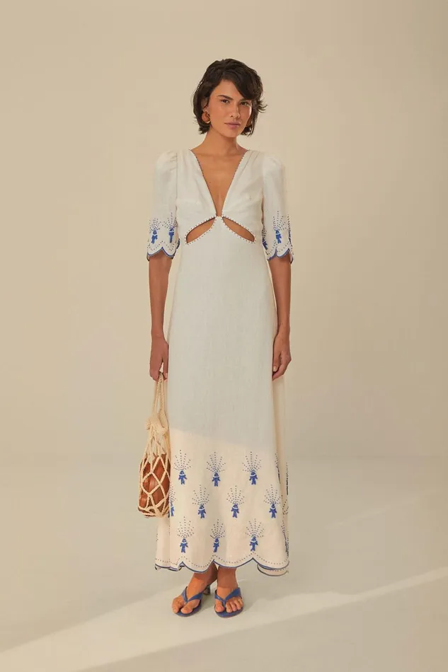 Women OffWhite Sea Of Fish Embroidered Midi Dress Sea Of Fish Offwhite FARM Rio Midi Dresses