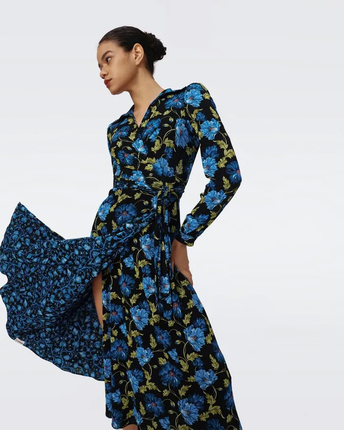 Women Phoenix Reversible Mesh Wrap Dress Hendrix Floral Teal And Fleetwood Folk Blue DVF Dresses