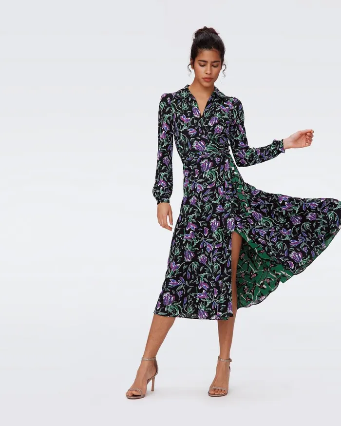 Women Phoenix Reversible Mesh Wrap Dress Tulip Fields Violet And Clover Twigs Green DVF Dresses