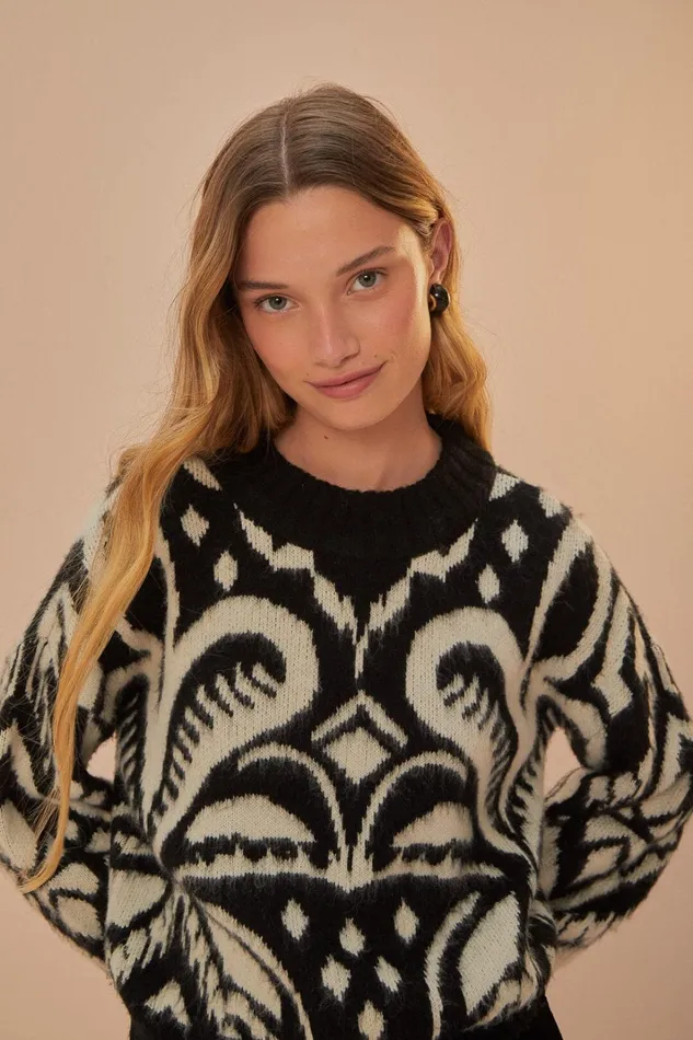Women Pineapple Ikat Knit Sweater Pineapple Ikat Black FARM Rio Sweaters and Sweatshirts