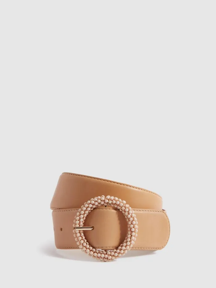 Women Reiss Belts Jasmine Leather Beaded Buckle Belt Tan