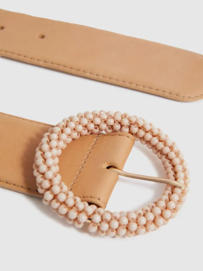 Women Reiss Belts Jasmine Leather Beaded Buckle Belt Tan
