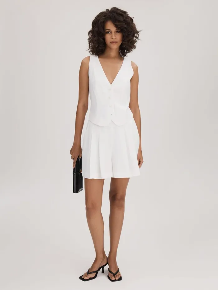 Women Reiss Brands High Rise Pleated Shorts Ivory