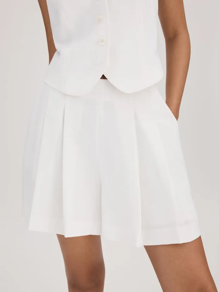 Women Reiss Brands High Rise Pleated Shorts Ivory