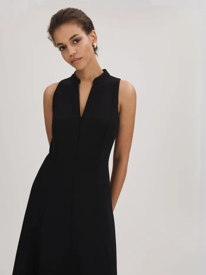Women Reiss Brands Zip Front Midi Dress Black