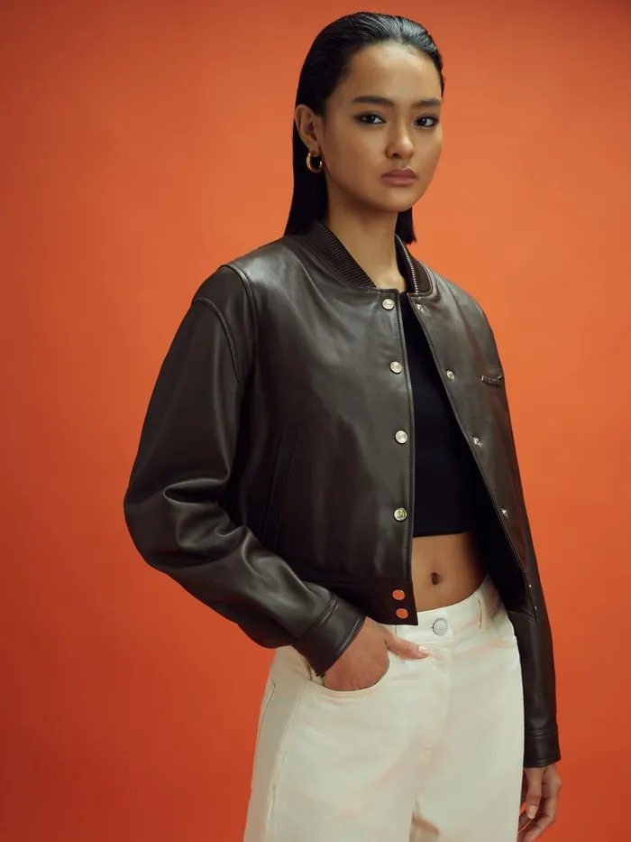 Women Reiss Coats F1 Cropped Leather Bomber Jacket Chocolate