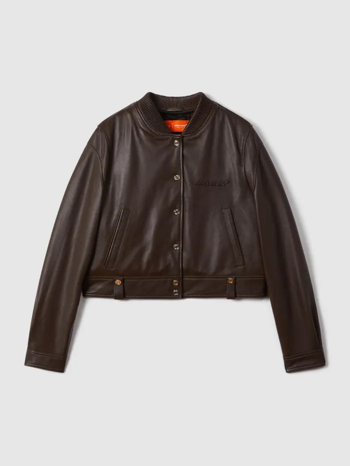 Women Reiss Coats F1 Cropped Leather Bomber Jacket Chocolate