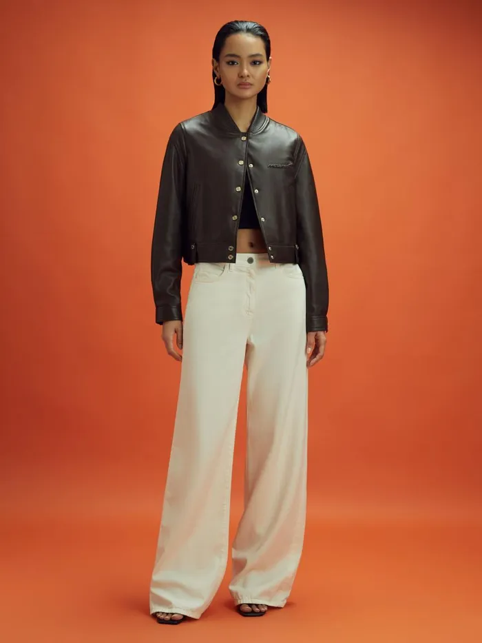Women Reiss Coats F1 Cropped Leather Bomber Jacket Chocolate