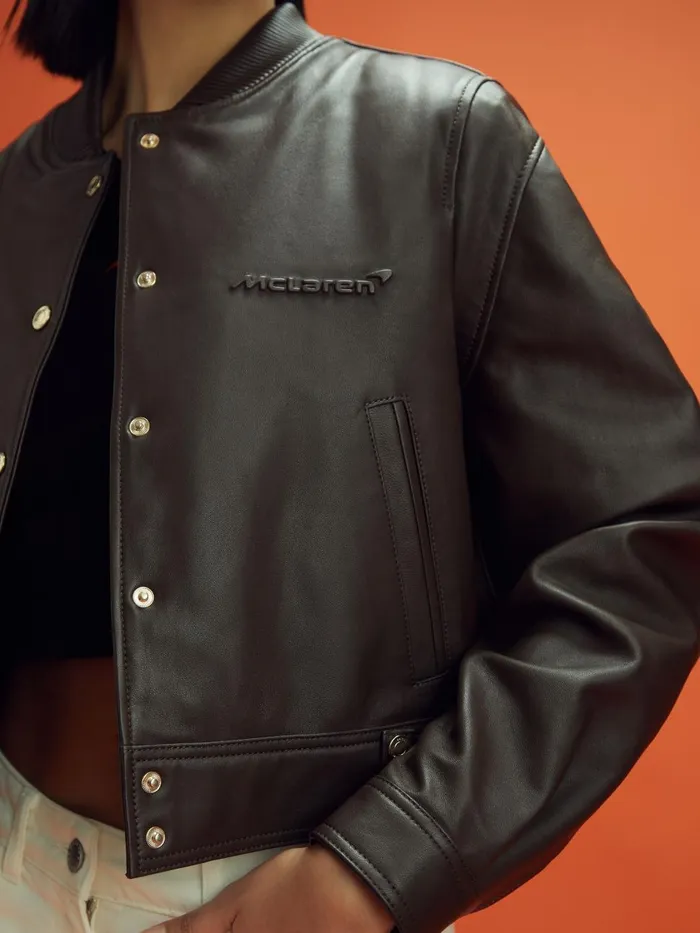 Women Reiss Coats F1 Cropped Leather Bomber Jacket Chocolate