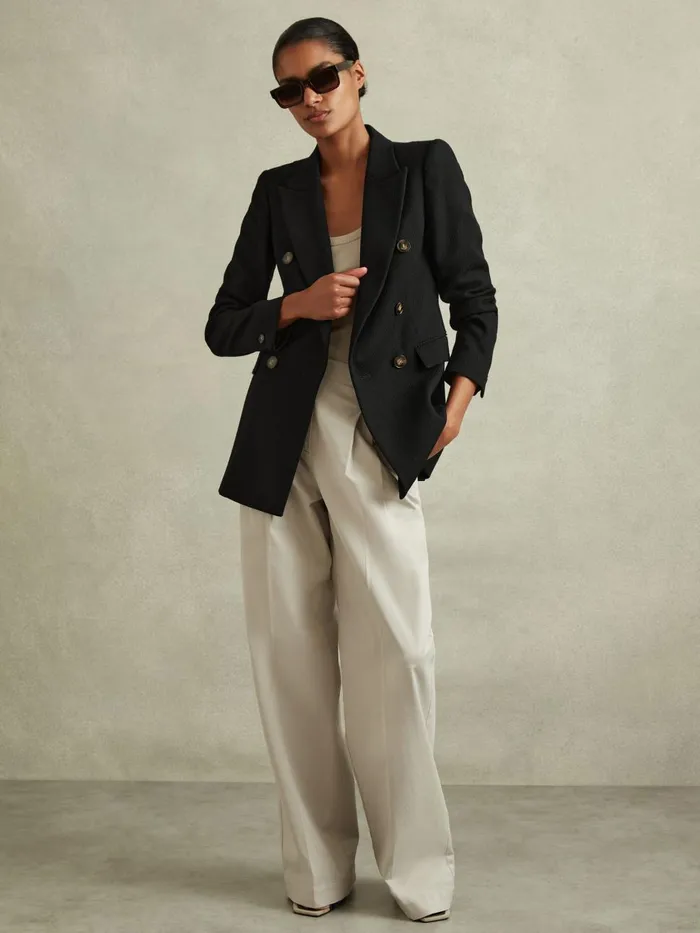 Women Reiss Coats Lana Tailored Textured Wool Blend Double Breasted Blazer Black