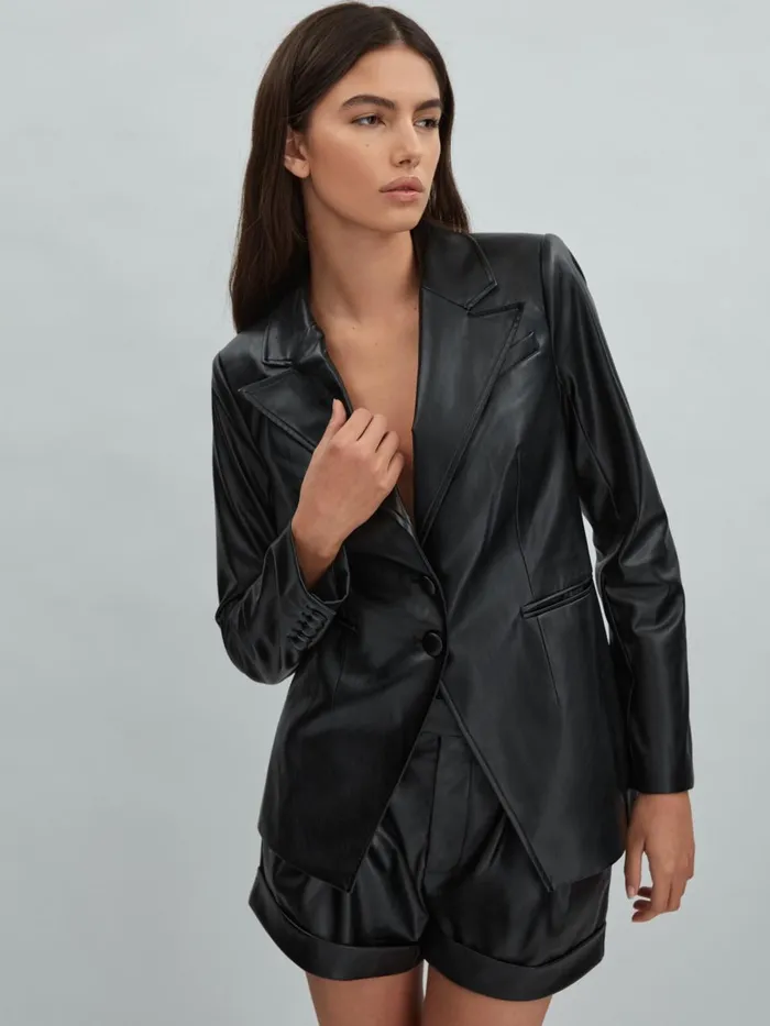 Women Reiss Coats Relaxed Faux Fur Leather Single Breasted Blazer Black
