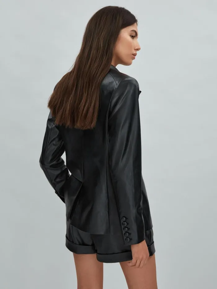 Women Reiss Coats Relaxed Faux Fur Leather Single Breasted Blazer Black