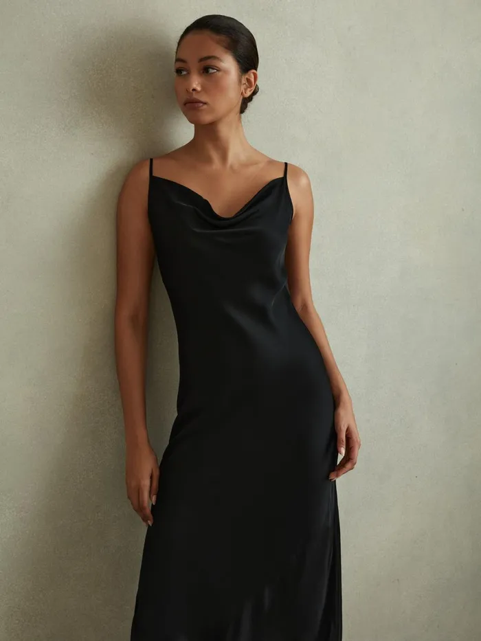 Women Reiss Dresses Isabel Satin Cowl Neck Midi Dress Black