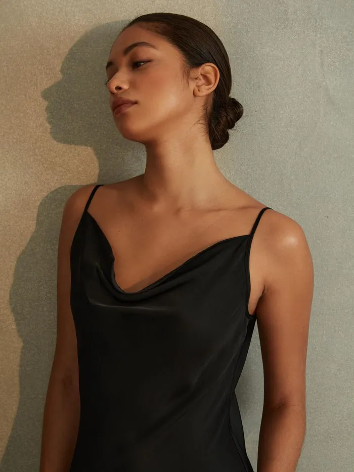 Women Reiss Dresses Isabel Satin Cowl Neck Midi Dress Black