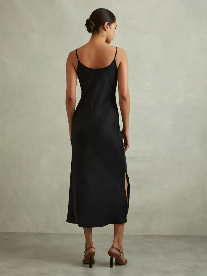 Women Reiss Dresses Isabel Satin Cowl Neck Midi Dress Black