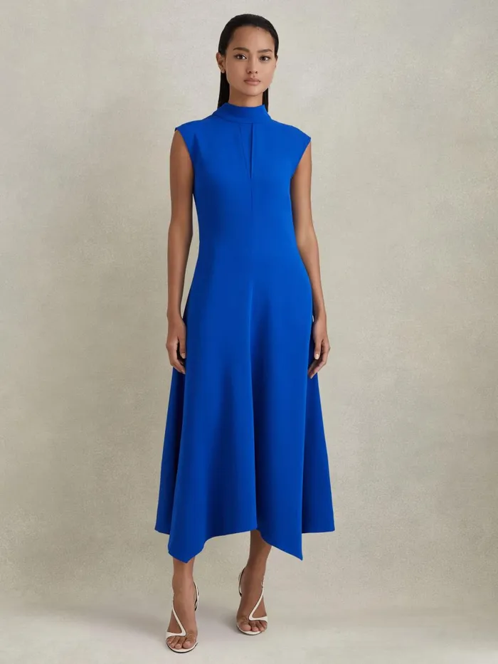 Women Reiss Dresses Libby Fitted Asymmetric Midi Dress Cobalt Blue