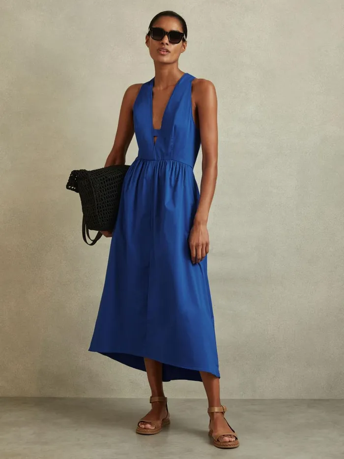 Women Reiss Dresses Yana Cotton Blend HighLow Midi Dress Cobalt Blue