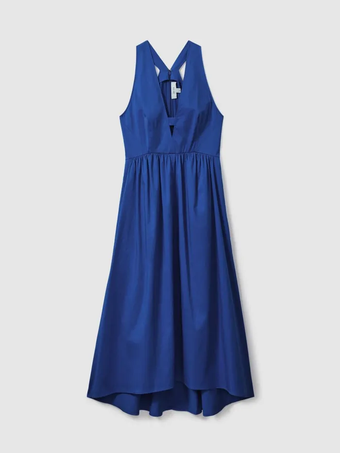 Women Reiss Dresses Yana Cotton Blend HighLow Midi Dress Cobalt Blue