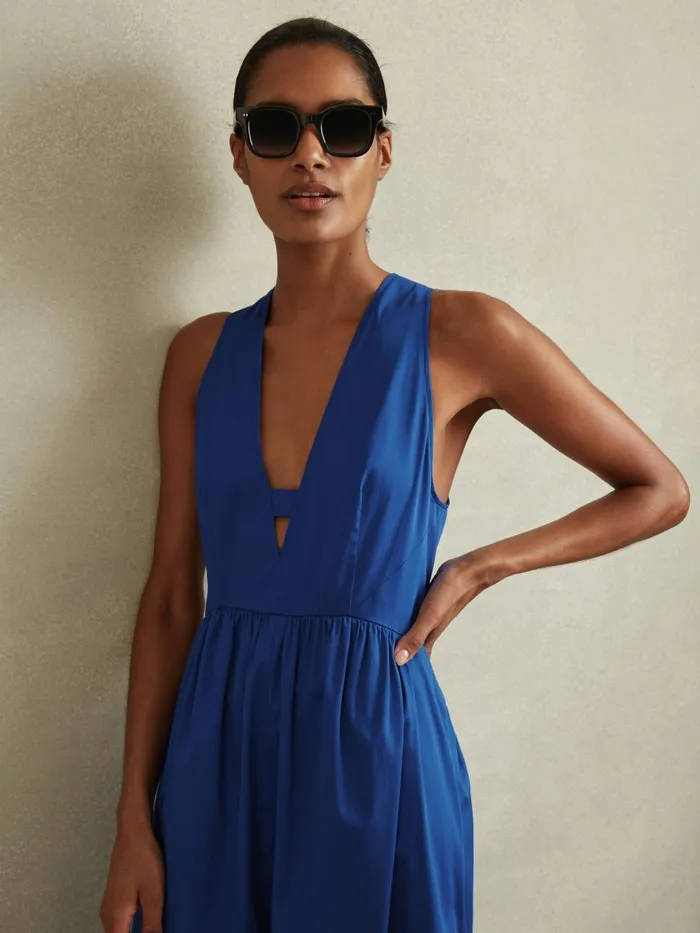 Women Reiss Dresses Yana Cotton Blend HighLow Midi Dress Cobalt Blue