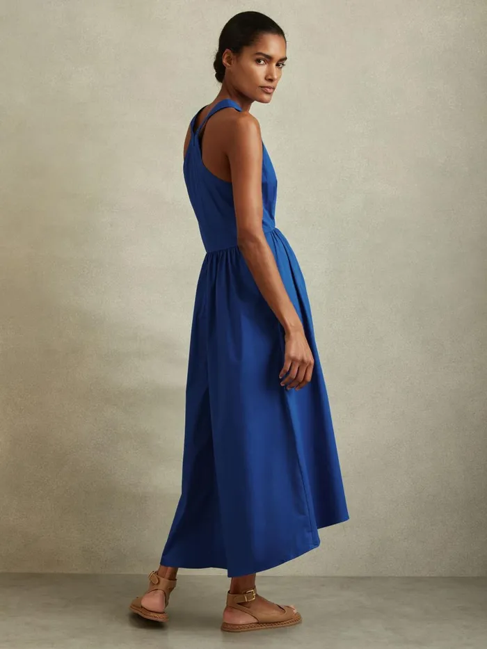 Women Reiss Dresses Yana Cotton Blend HighLow Midi Dress Cobalt Blue