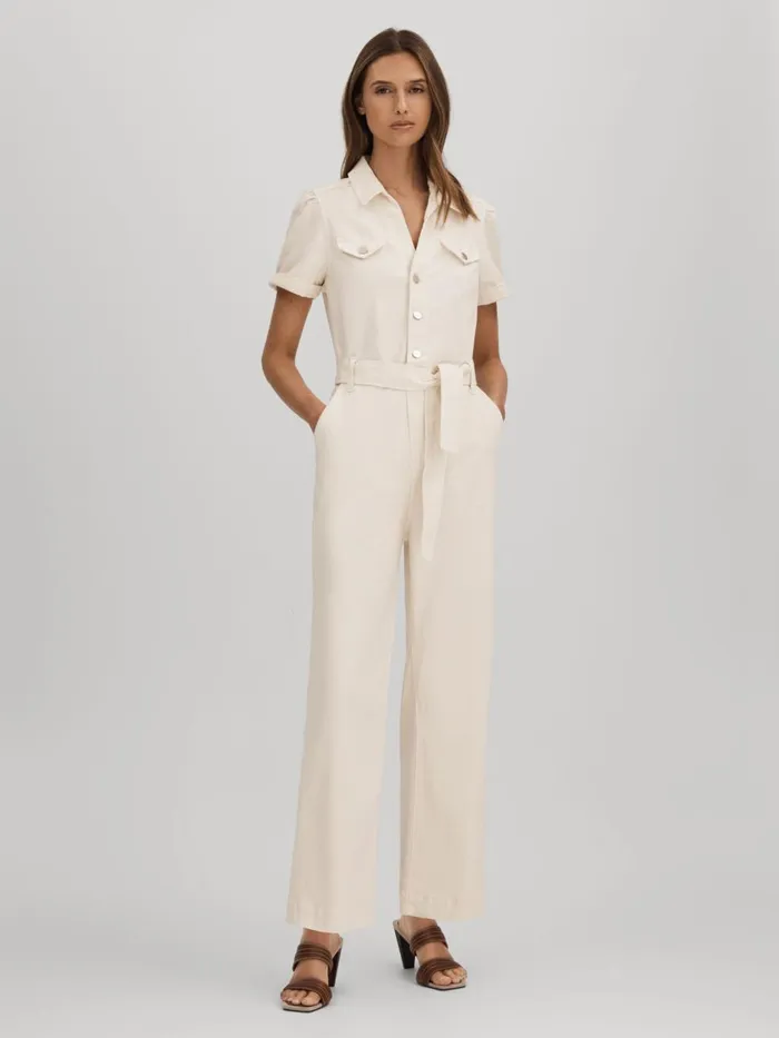 Women Reiss Jumpsuits and Playsuits Denim Puff Sleeve Jumpsuit Sand