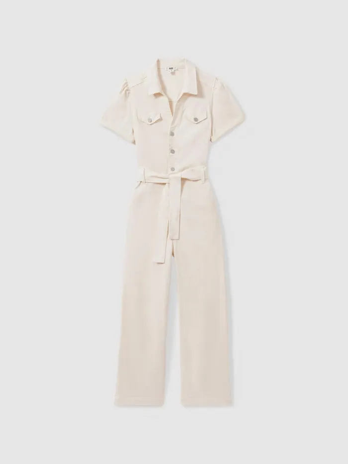 Women Reiss Jumpsuits and Playsuits Denim Puff Sleeve Jumpsuit Sand