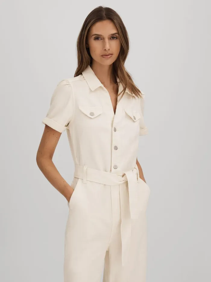 Women Reiss Jumpsuits and Playsuits Denim Puff Sleeve Jumpsuit Sand